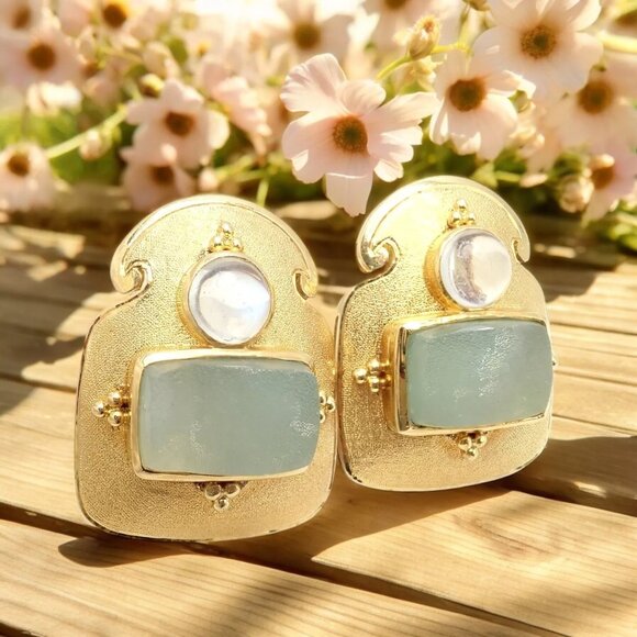 Rare! Vintage Paula Crevoshay 18k Gold Smithsonite Moonstone Earrings OOAK - Picture 2 of 11